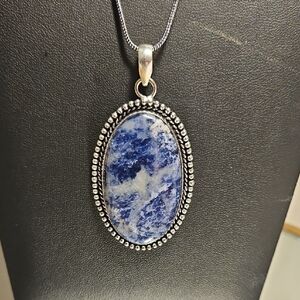 Nwt  Sodalite Pendant Necklace Set In German Metal Silver